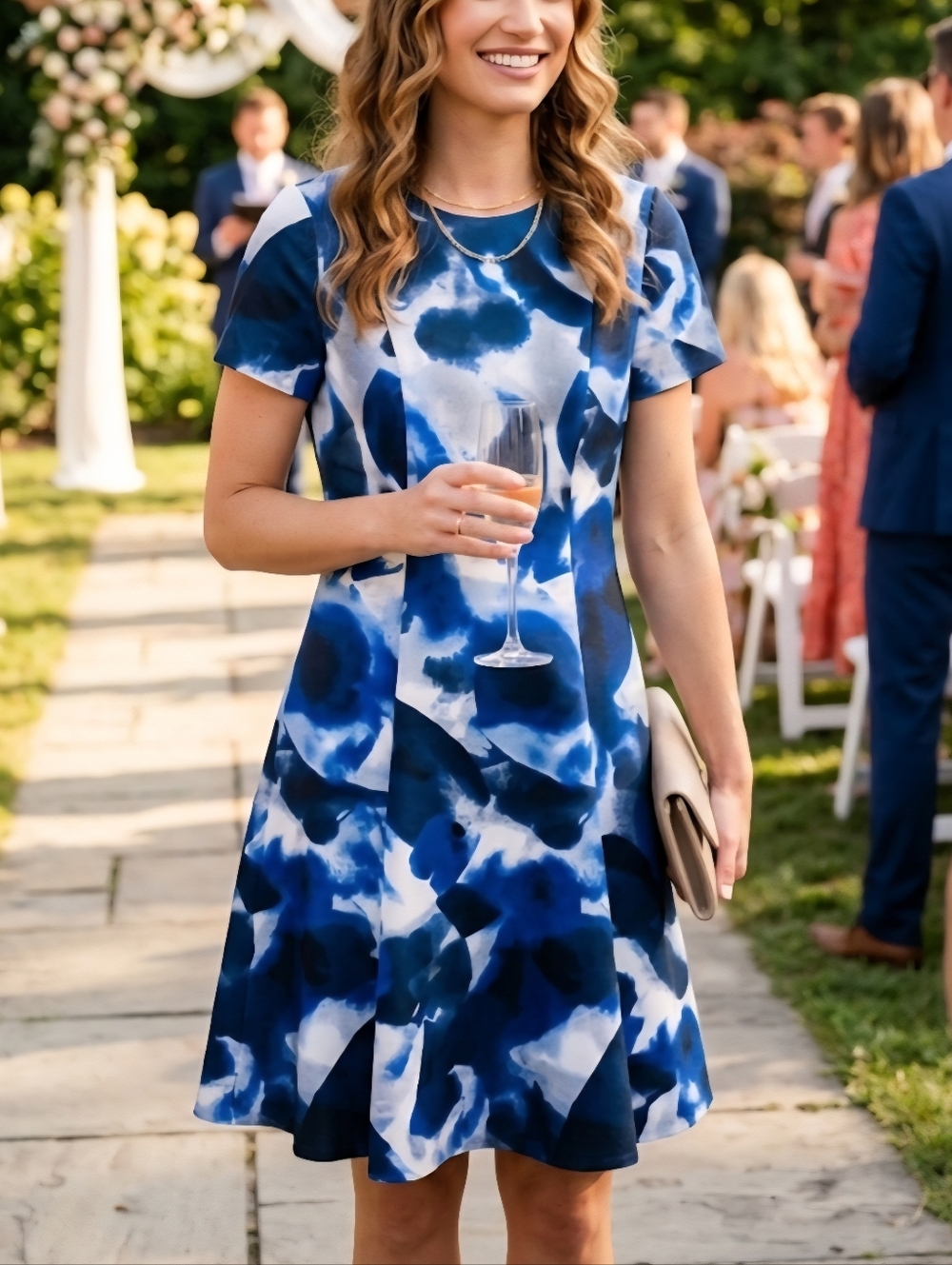 DKNY Blue White Abstract Print Dress Size 2 Fit & Flare Summer Wedding Guest